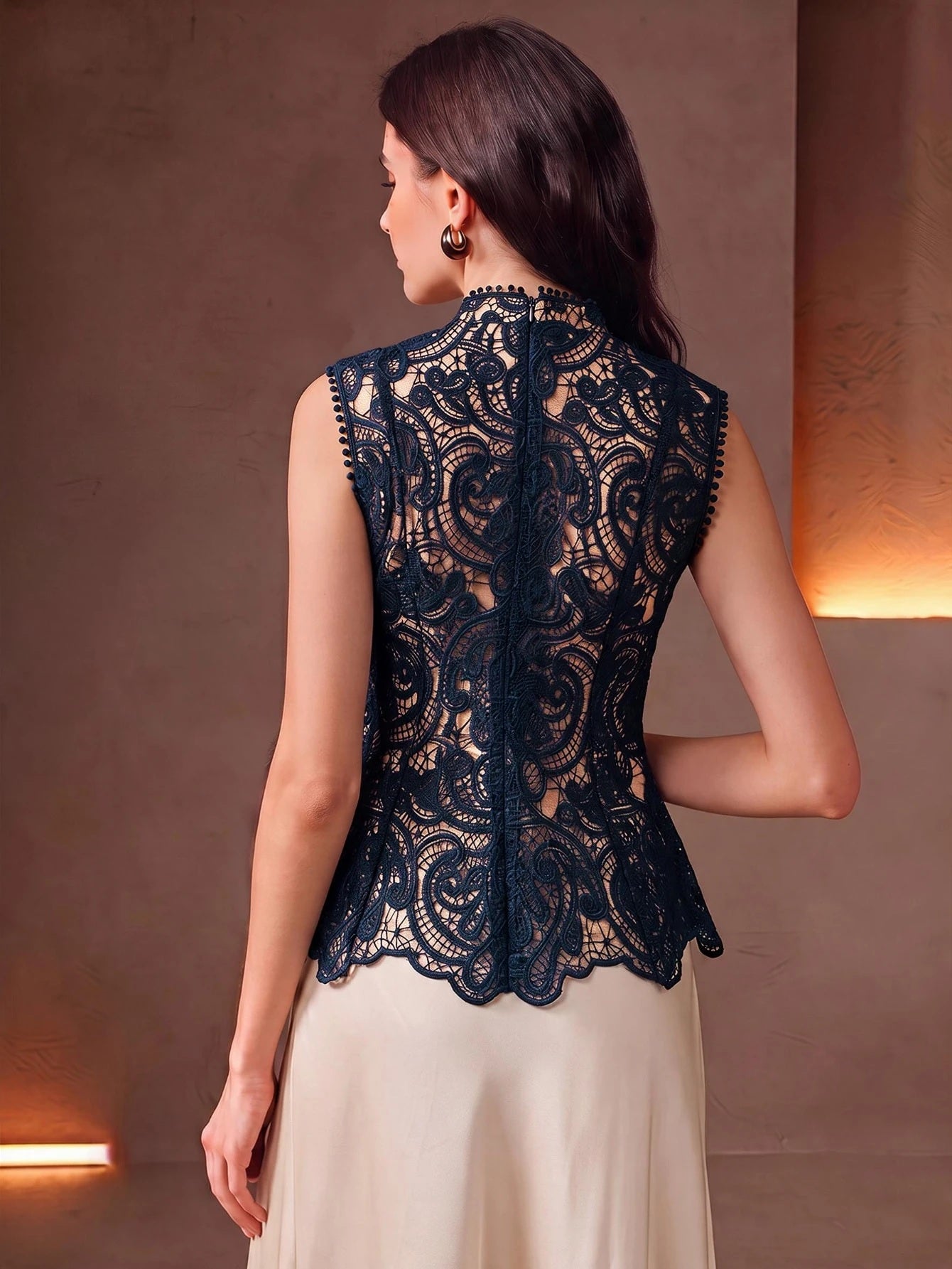 CM-TS617242 Women Elegant Seoul Style Stand Collar Sleeveless Lace Hollow Patchwork Ruffle Waist Cinched Tank Top - Navy Blue