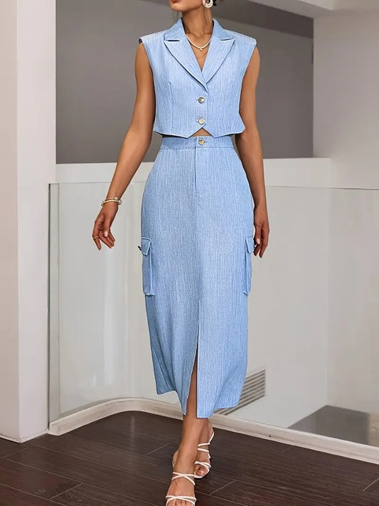 CM-ST743410 Women Elegant Seoul Style Solid Color Lapel Neckline Sleeveless Top With Pocket Midi Skirt - Set