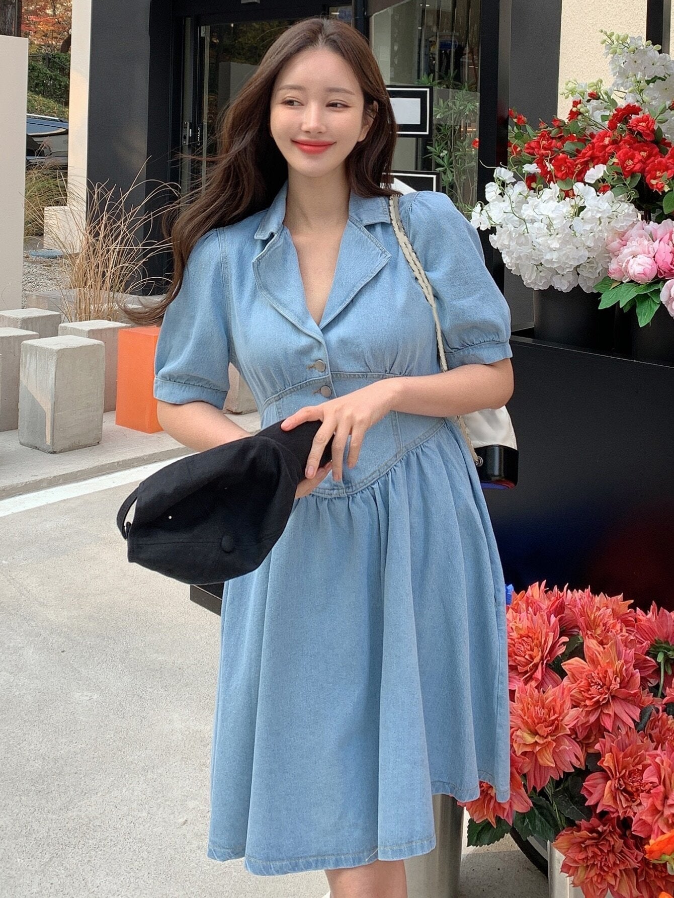 CM-DS727770 Women Casual Seoul Style Lapel Collar Puff Sleeve Button Front Shirt Denim Dress