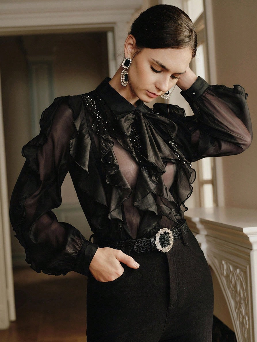 CM-TS616771 Women Elegant Seoul Style Chiffon Collar Neckline Long Sleeve Rhinestone Embellished Ruffle Blouse