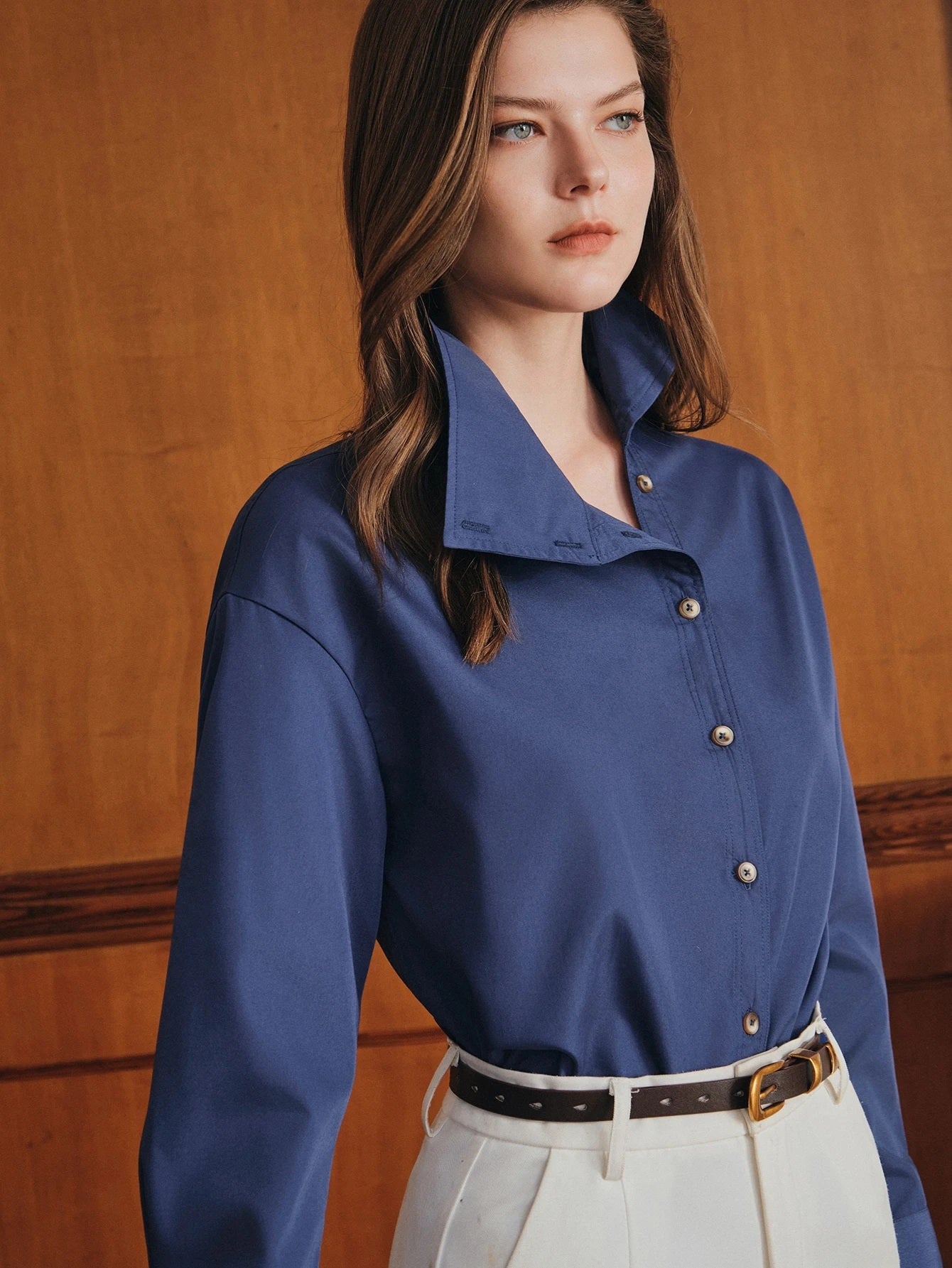 CM-TS778923 Women Elegant Seoul Style Collar Neckline Asymmetric Button Lapel Long Sleeve Blouse - Blue