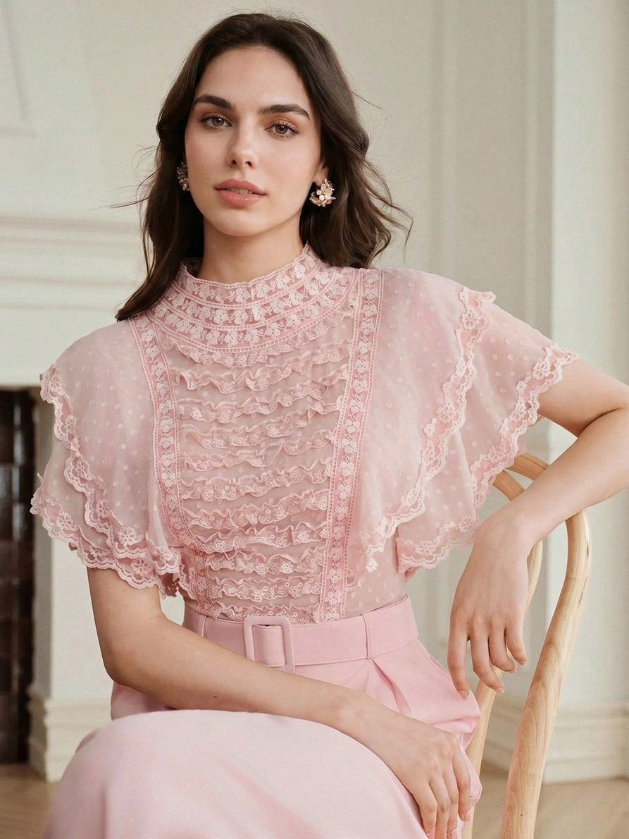 CM-TS161544 Women Elegant Seoul Style Cut-Out Chiffon Contrast Lace Trim Ruffle Short Sleeve Blouse - Pink