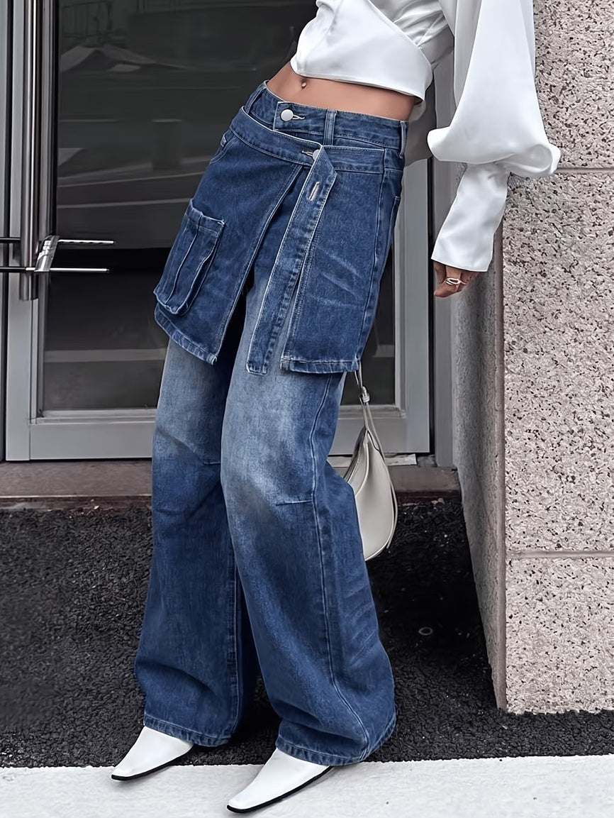 CM-BT684555 Women Casual Seoul Style Solid Color 2-in-1 Wide-Leg Jeans - Blue