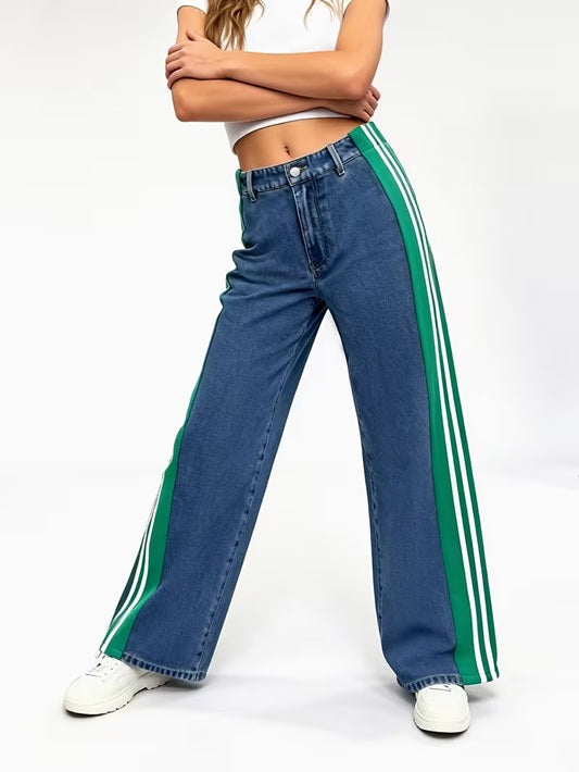 CM-BT576793 Women Casual Seoul Style Patchwork Striped High-Waist Wide-Leg Pants - Green