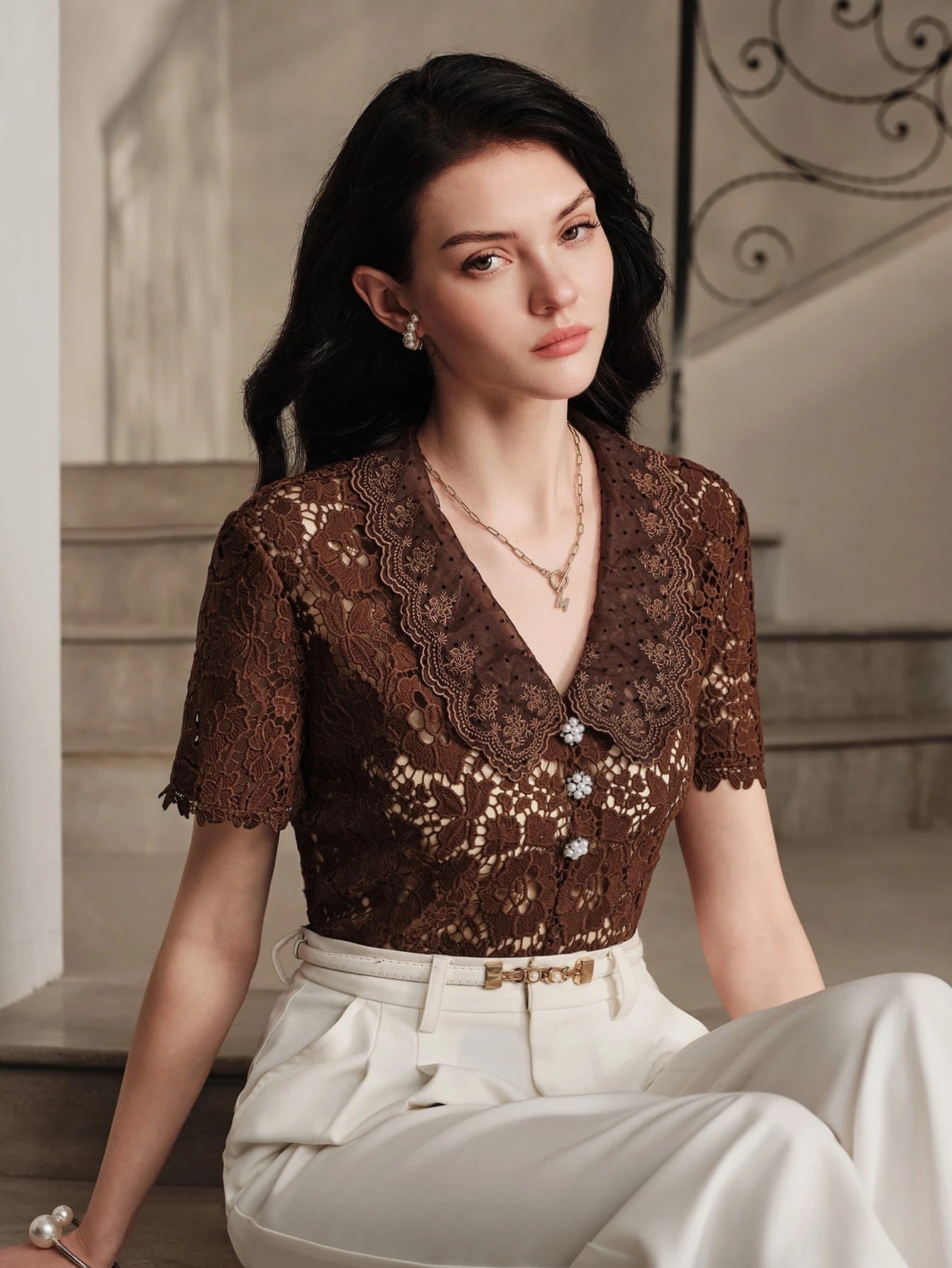 CM-TS966908 Women Elegant Seoul Style Hollow Lace Fabric Embroidery V-Neckline Short Sleeve Top - Coffee Brown