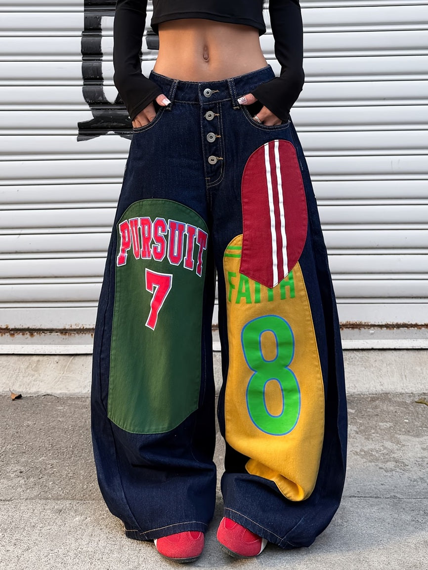 CM-BT608328 Women Casual Seoul Style Multi-Color Contrast Patchwork Letter And Number Cartoon Print Design Jeans