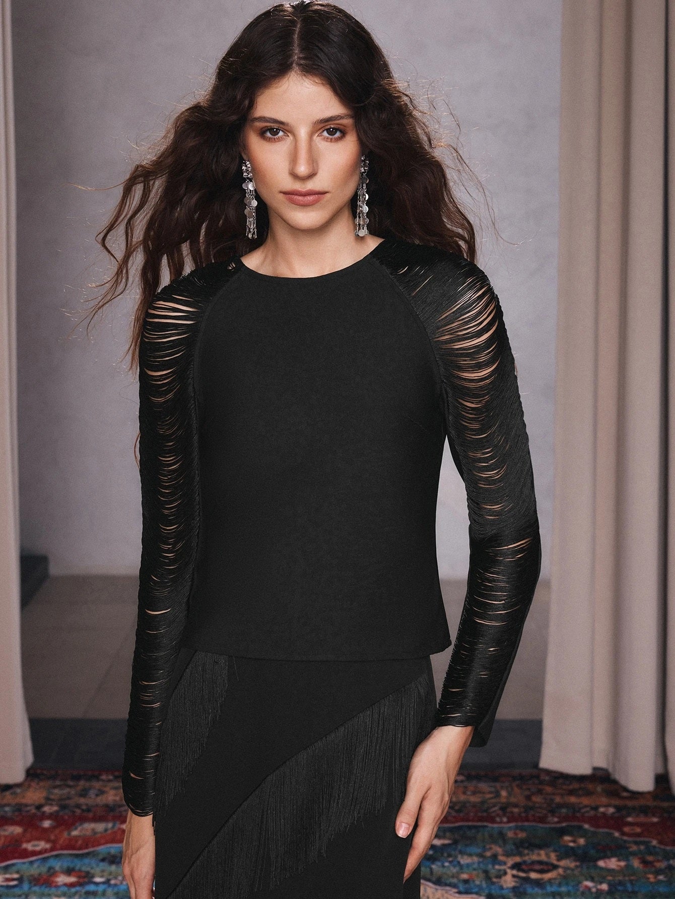 CM-TS172240 Women Elegant Seoul Style Round Neck Slim Fit Bandage Fabric Tassel Patchwork Long Sleeve Layer Top