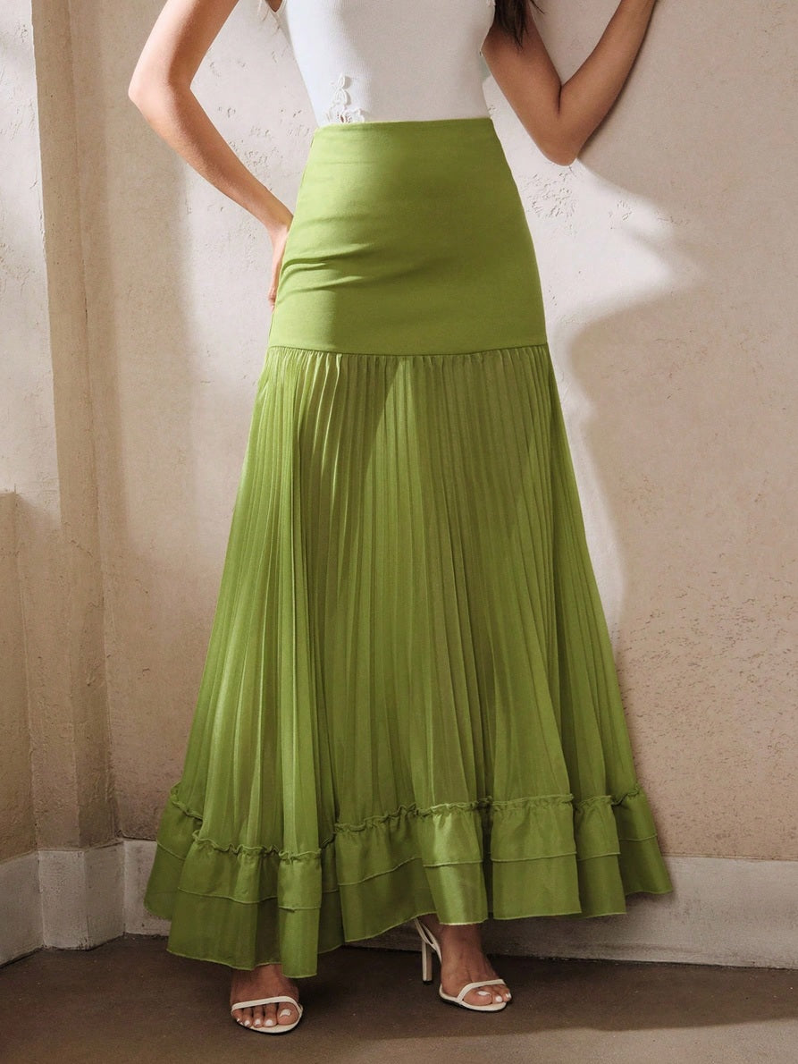 CM-BS352823 Women Elegant Seoul Style Mid-Waist Knitted Bodycon Pleated Fishtail Hem Skirt - Green