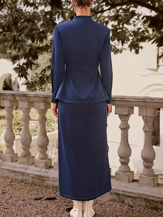 CM-ST579493 Women Elegant Seoul Style Long Sleeve Top With Adjustable Waist Pockets High-Waisted Skirt - Set