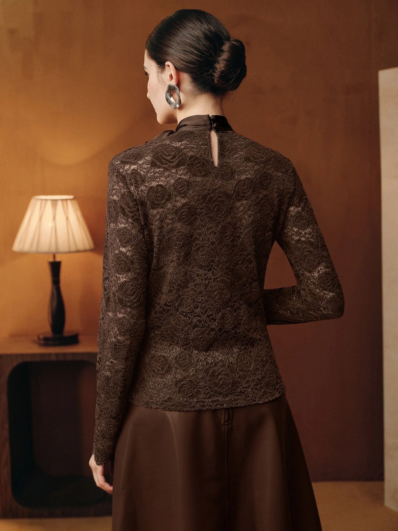 CM-TS166760 Women Elegant Seoul Style Stand Collar Long Sleeve Hollow Lace Rose Bow Top - Brown