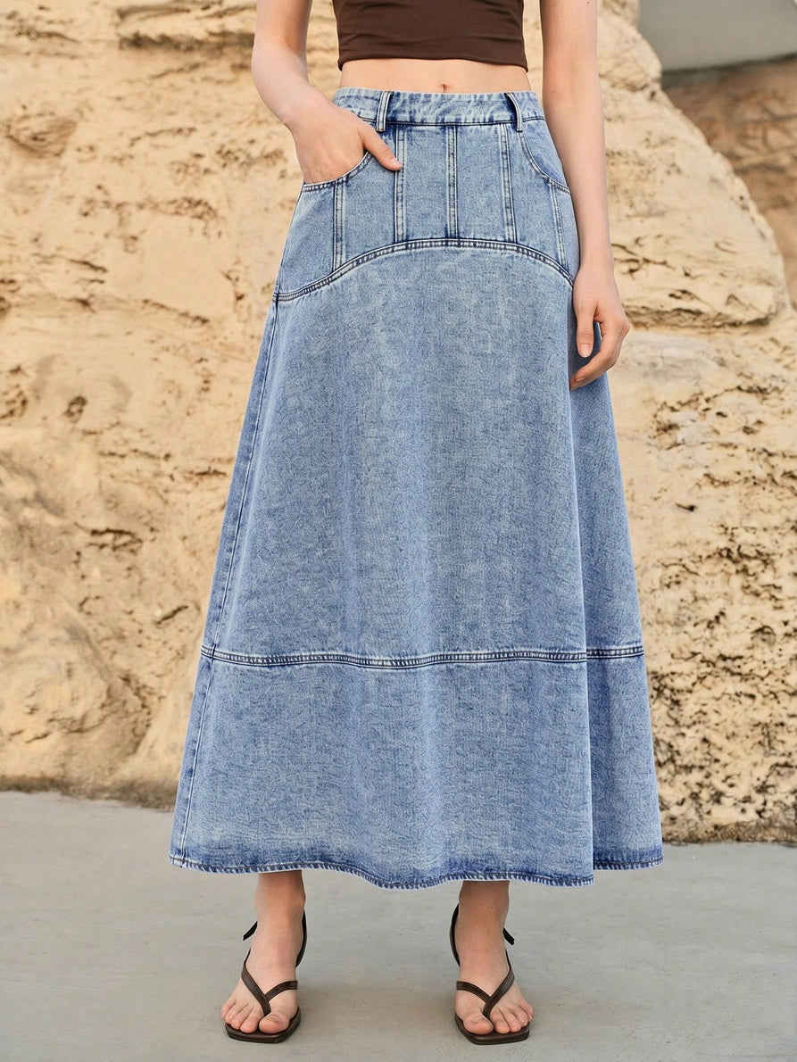 CM-BS315257 Women Casual Seoul Style Medium Wash Mid Waist Slant Pocket A-Line Long Denim Skirt