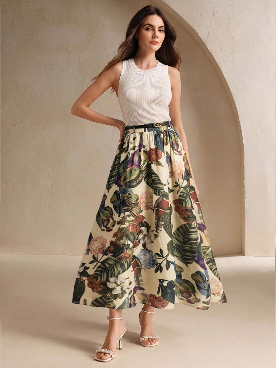 CM-BS340449 Women Elegant Seoul Style Floral Print High Waist A-Line Long Skirt With Belt