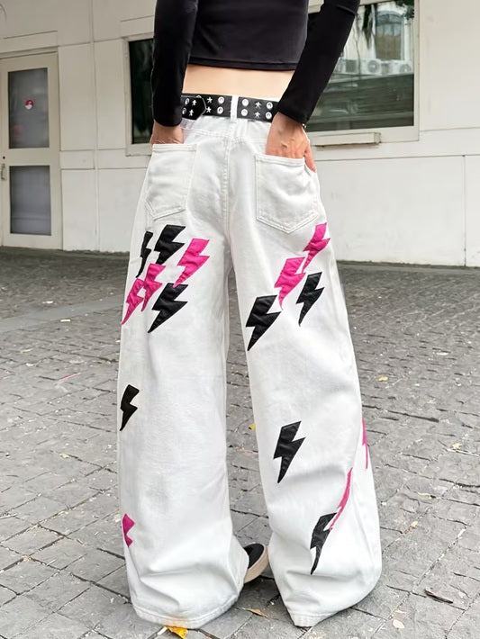 CM-BT121466 Women Casual Seoul Style Lightning Applique Loose Wide-Leg Jeans - White