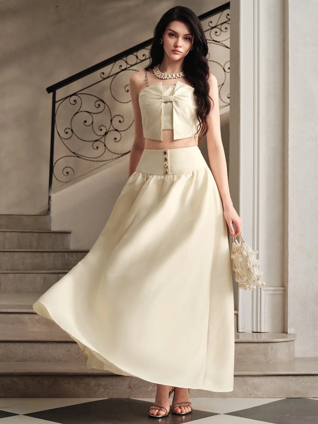 CM-BS399699 Women Elegant Seoul Style Mid Waist Ruched A-Line Flared Long Skirt - Apricot