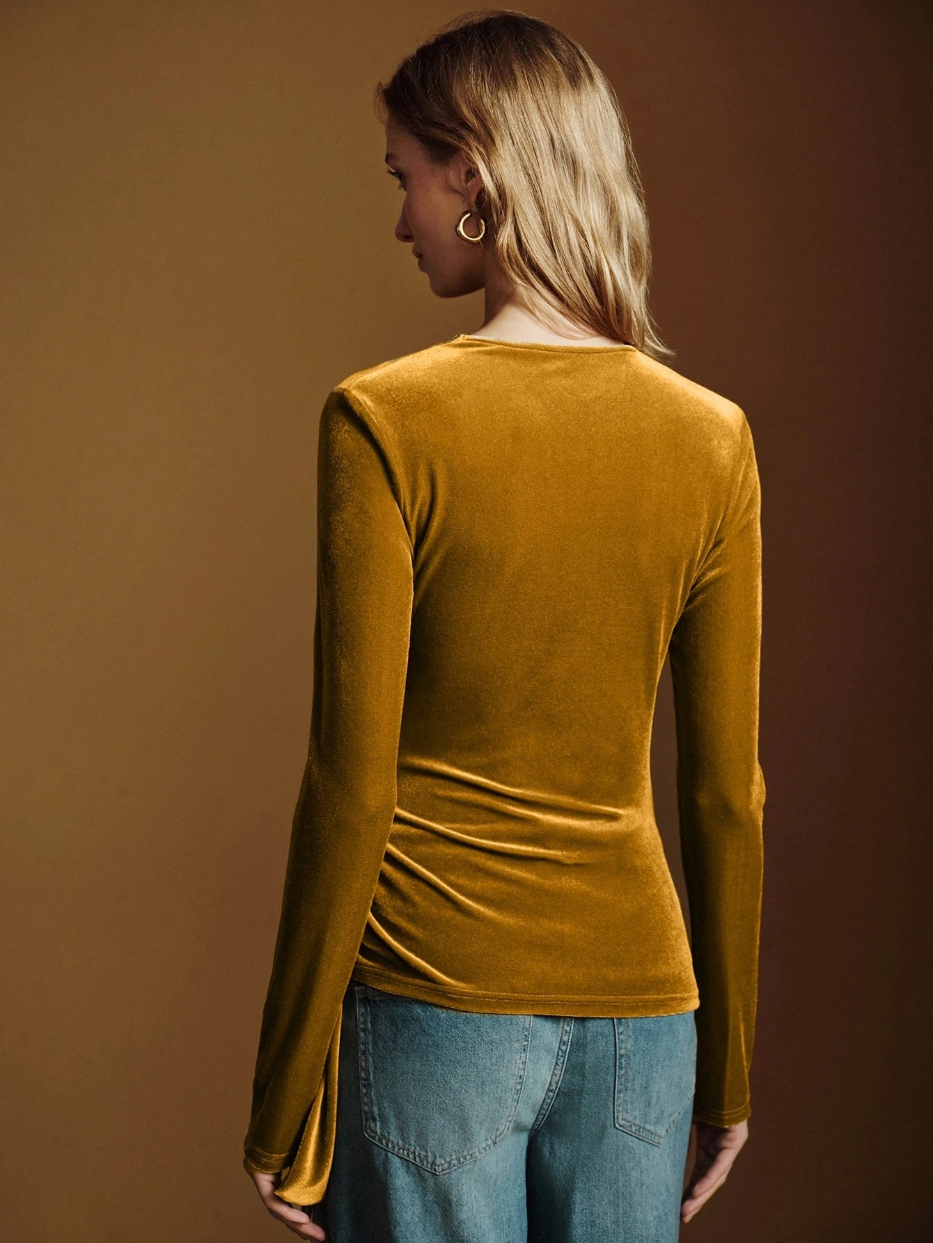CM-TS240239 Women Casual Seoul Style Asymmetrical V-Neck Long Sleeve Twisted Tie Velvet Blouse - Yellow