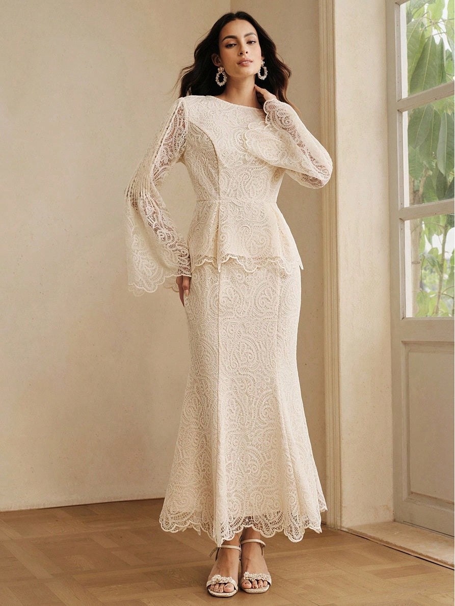 CM-TS165809 Women Elegant Seoul Style Round Neck Lace Bell Extra Long Sleeve Top - Apricot