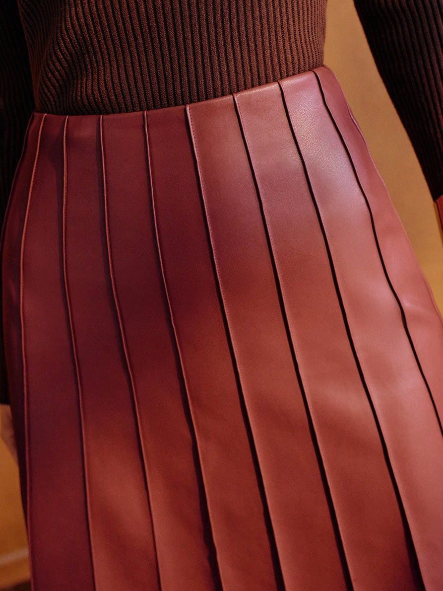 CM-BS851109 Women Elegant Seoul Style Mid Waist PU Leather Pleated Midi Skirt - Burgundy