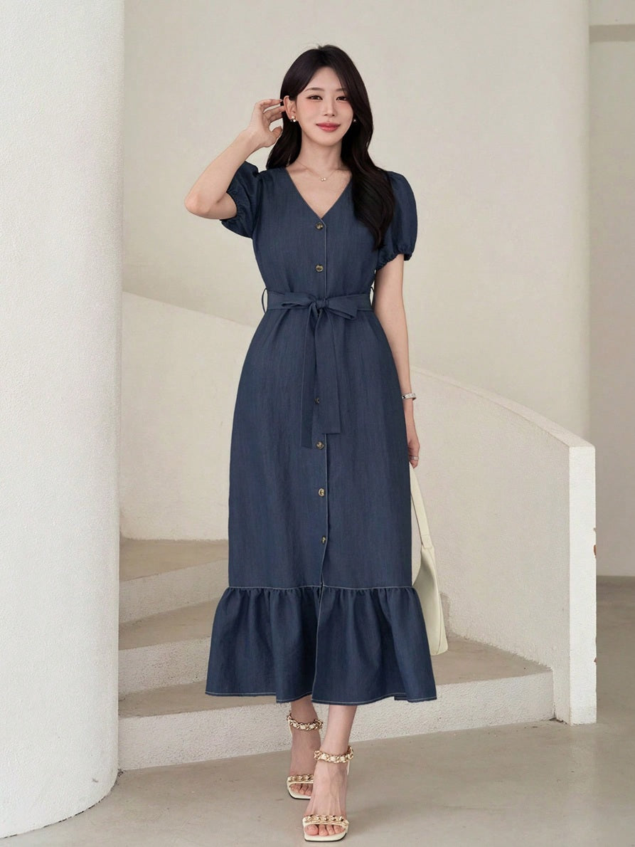 CM-DS294695 Women Casual Seoul Style V-Neck Puff Sleeve Ruffle Hem Cinched Waist Long Dress - Blue