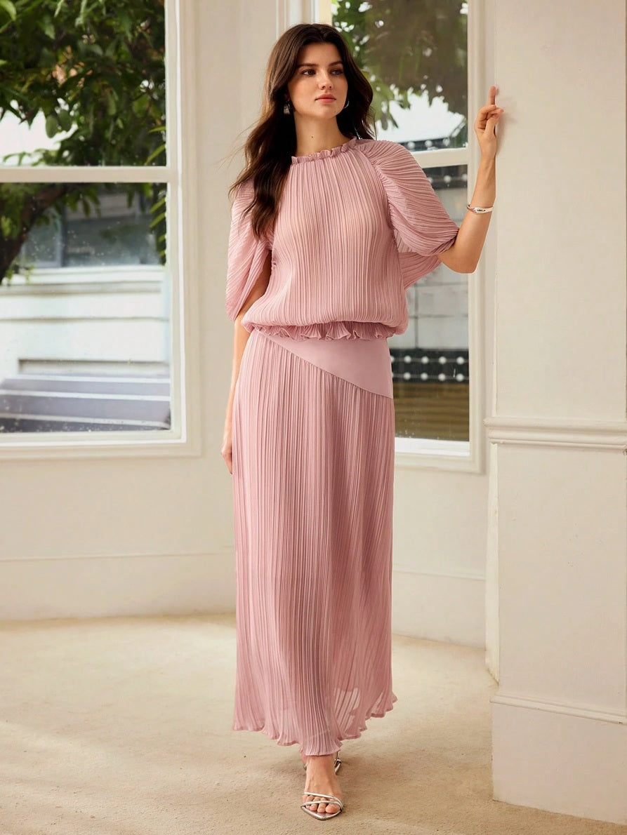 CM-SS017741 Women Elegant Seoul Style Stand Collar Puff Sleeve Pleated Top With Long Skirt - Set