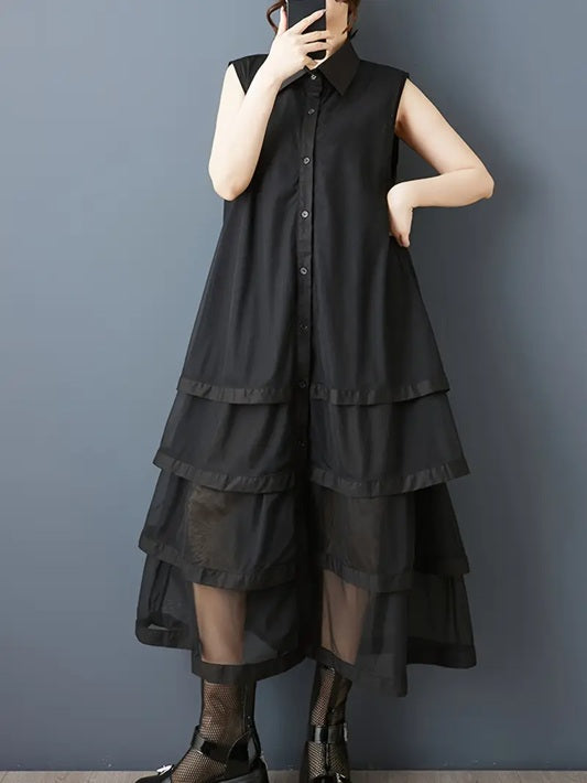 CM-DT033674 Women Casual Seoul Style Collar Neckline Button Front Sleeveless A-Line Shirt Dress - Black
