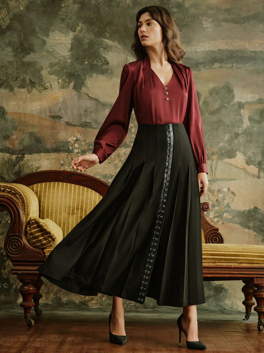 CM-SS488279 Women Elegant Seoul Style V-Neck Long Sleeve Top With Leather Strap Pleated Skirt - Set