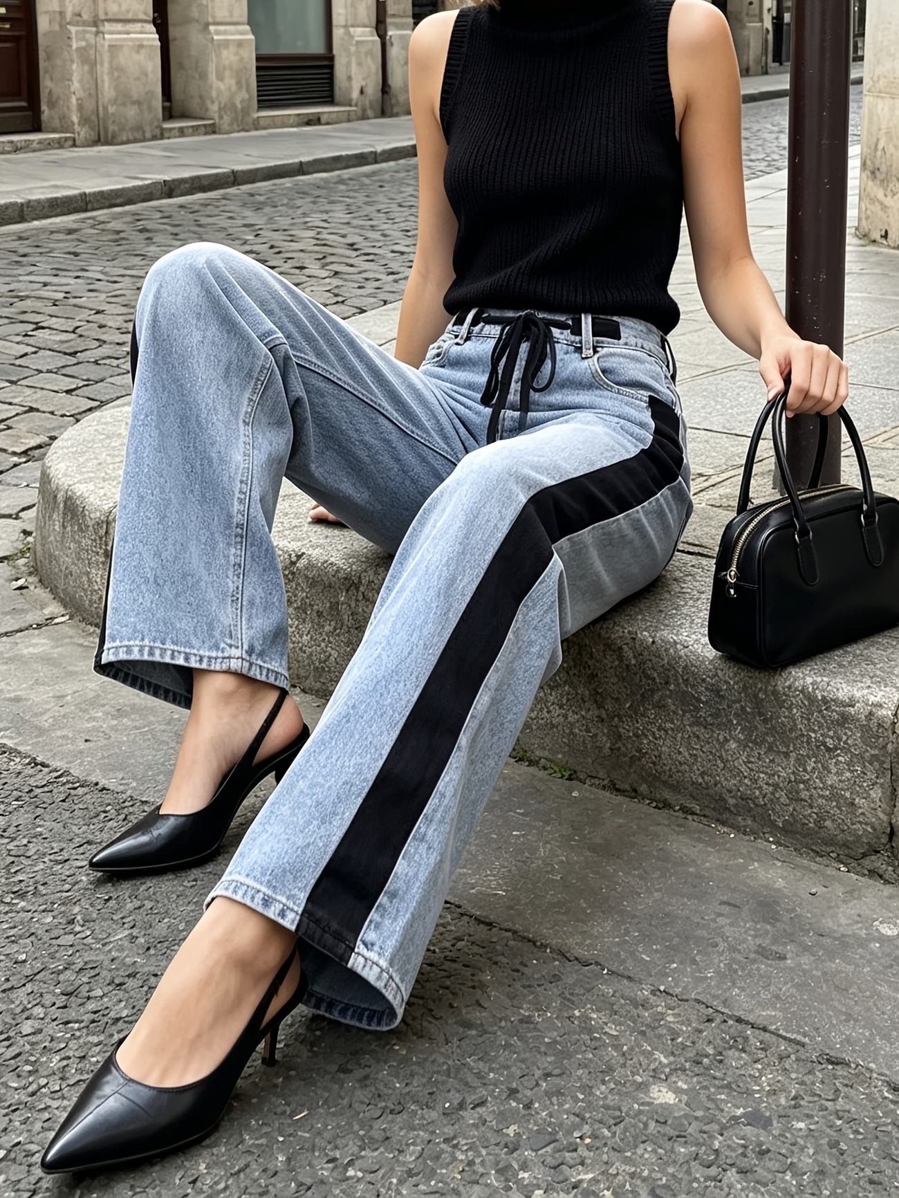 CM-BT050887 Women Casual Seoul Style High-Waist Black Webbing on the Side Drawstring Bow Decoration Jeans
