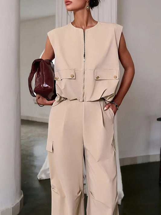 CM-ST460904 Women Elegant Seoul Style Solid Color Sleeveless V-Neck Button Details Drawstring Vest With Pants - Set