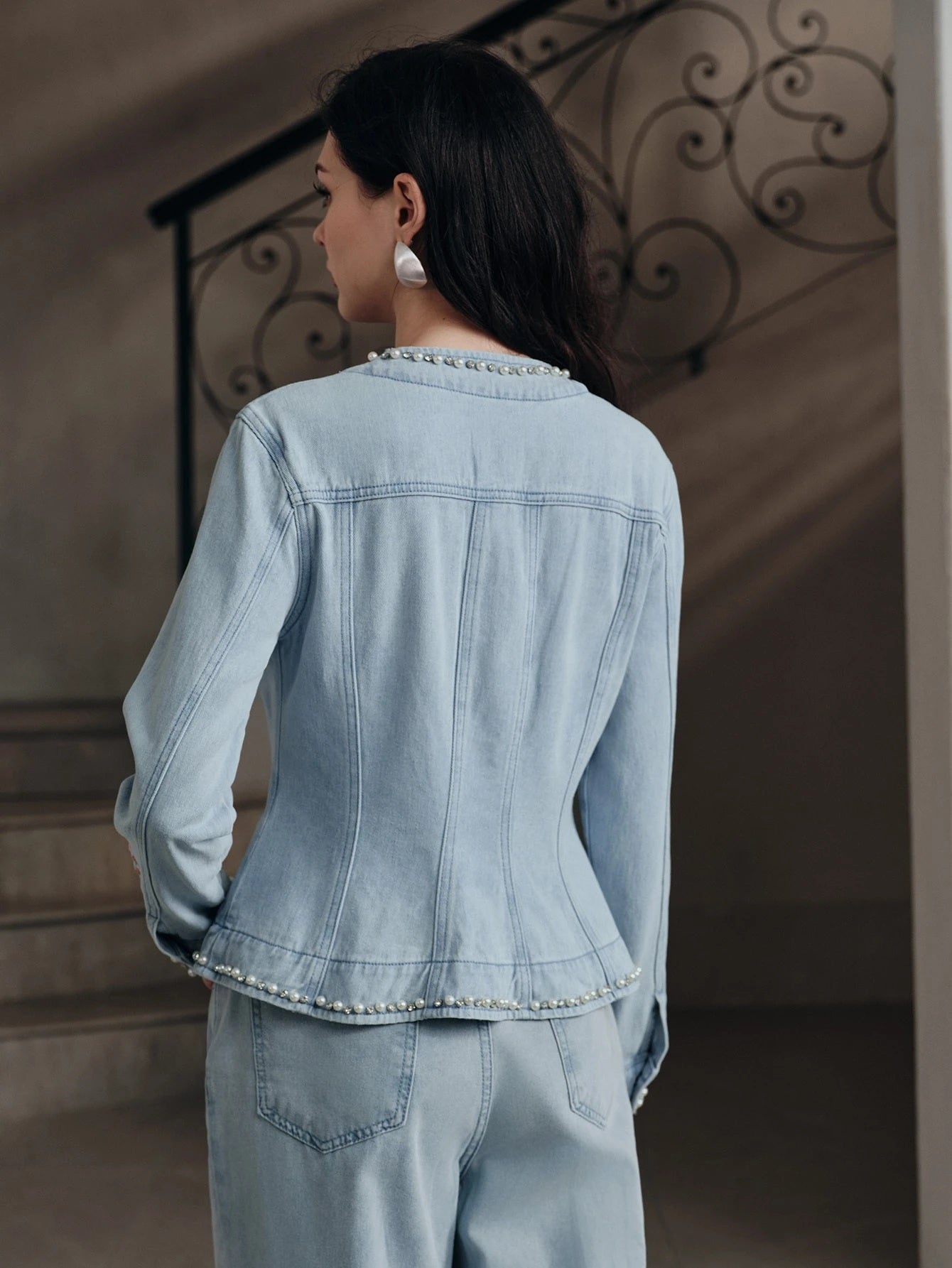 CM-CS891801 Women Elegant Seoul Style Stand Collar Long Sleeve Floral Embroidery Slim Fit Jacket - Blue
