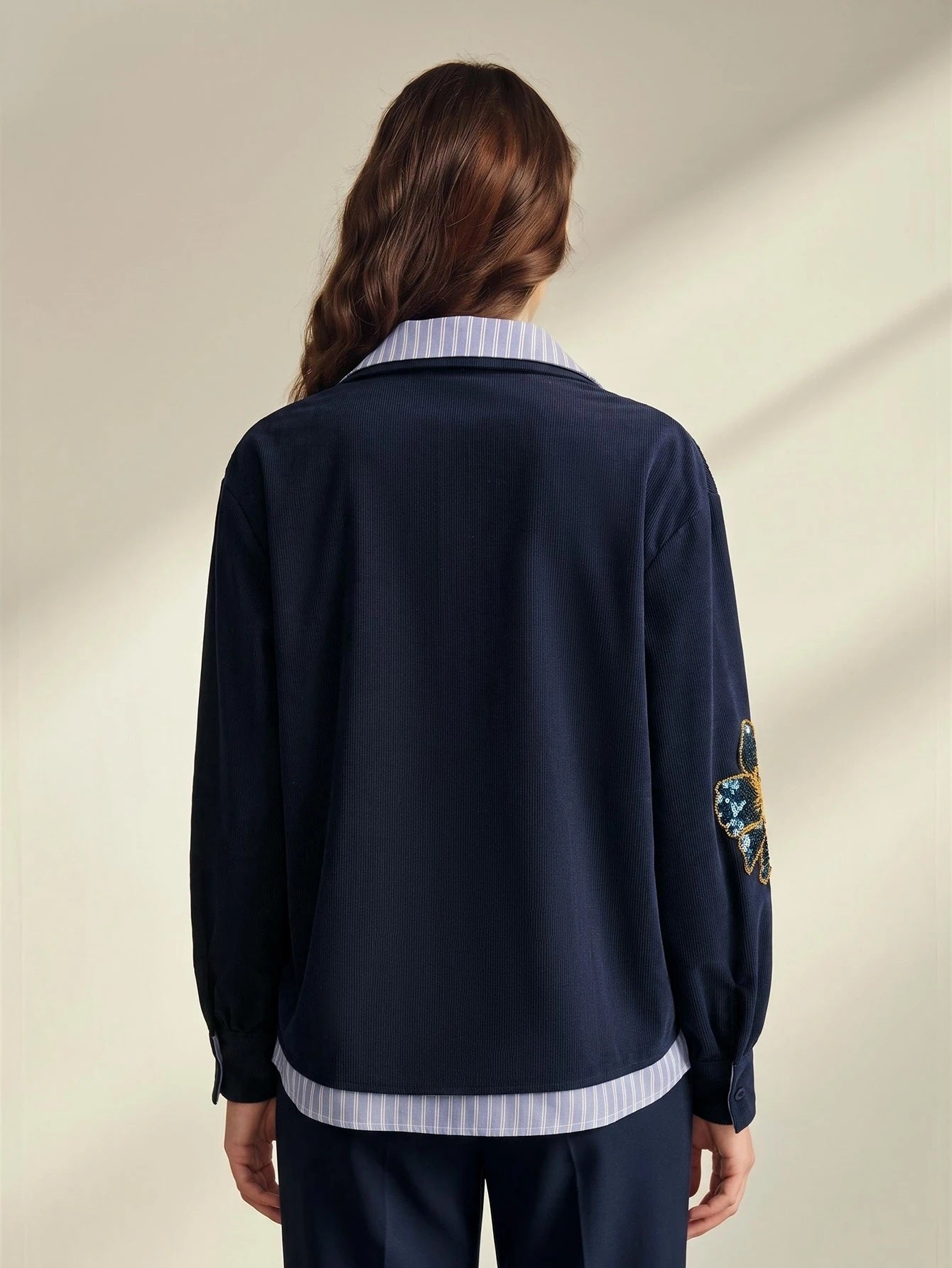 CM-TS565155 Women Elegant Seoul Style Striped Corduroy 2 In 1 Design Embroidery Applique Loose Fit Blouse