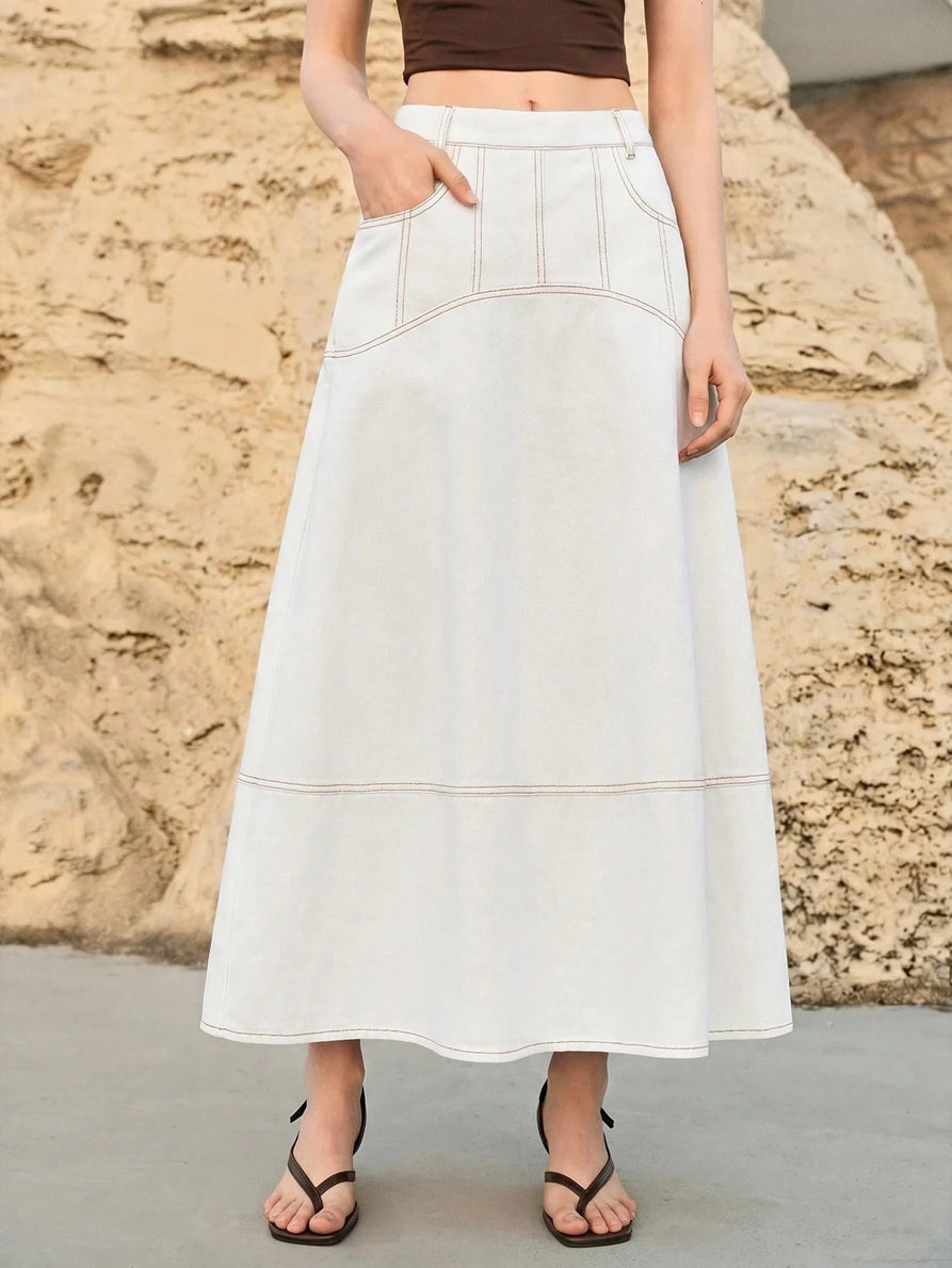 CM-BS304200 Women Casual Seoul Style Mid Waist Slant Pocket A-Line Long Denim Skirt - White