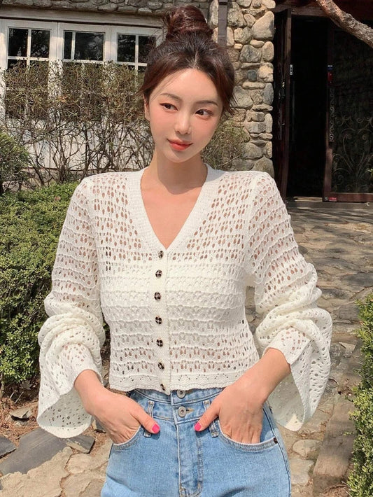 CM-CS395677 Women Casual Seoul Style Hollow Out Button Front Flounce Sleeve Crop Cardigan