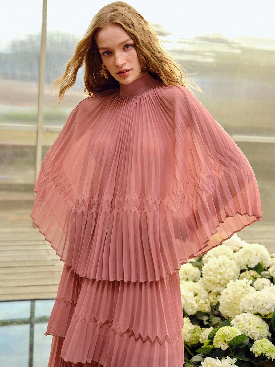 CM-SS994342 Women Elegant Seoul Style Pleated Mock Neck Tie Batwing Sleeve Top With Long Skirt - Set