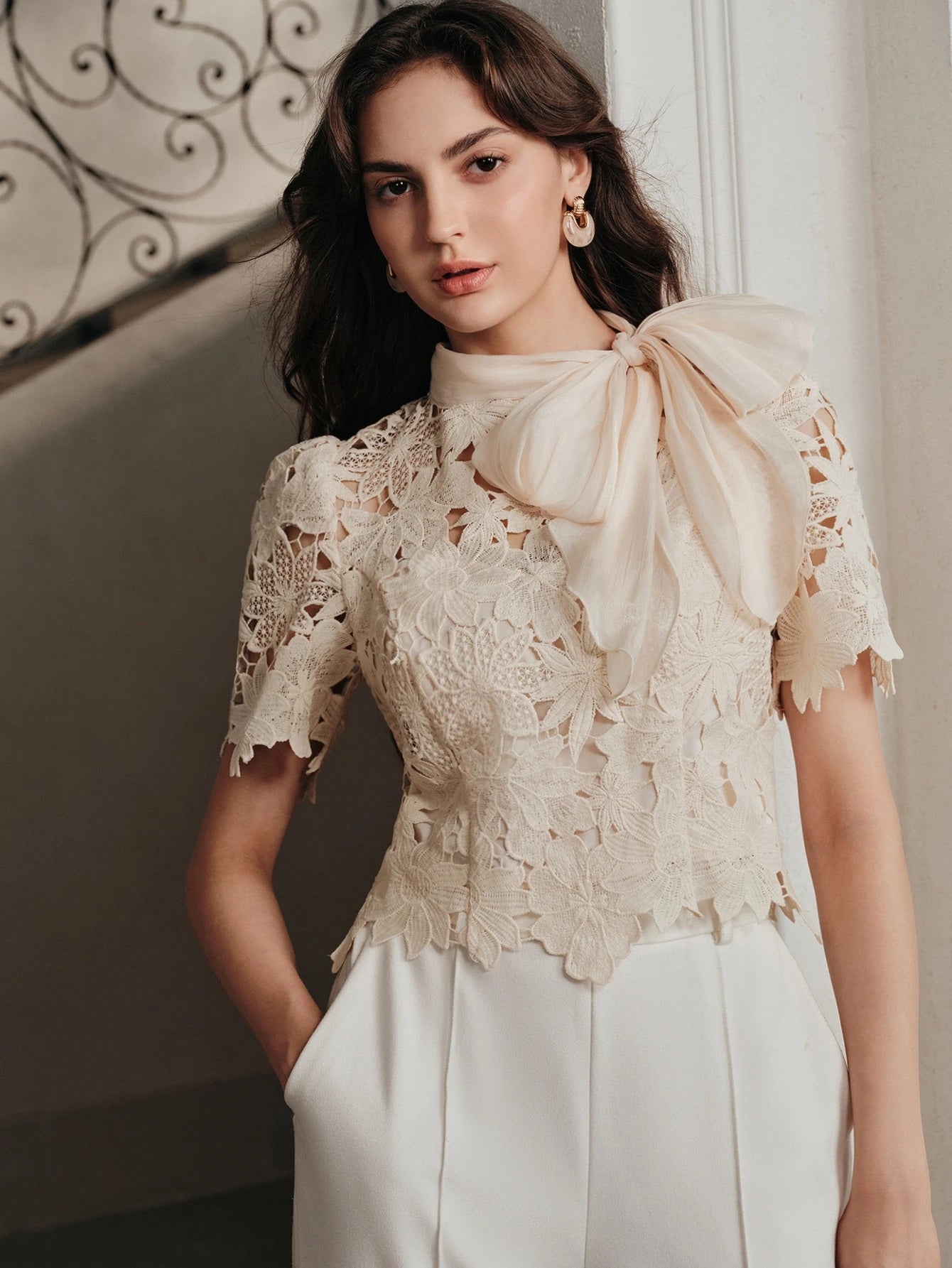 CM-TS163047 Women Elegant Seoul Style Tie Neck Puff Sleeve Hollow Lace Bowknot Blouse - Apricot