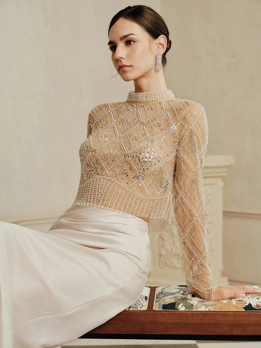 CM-TS587377 Women Elegant Seoul Style Stand Collar Long Sleeve Handmade Beaded Contrast Sequin Blouse - Apricot