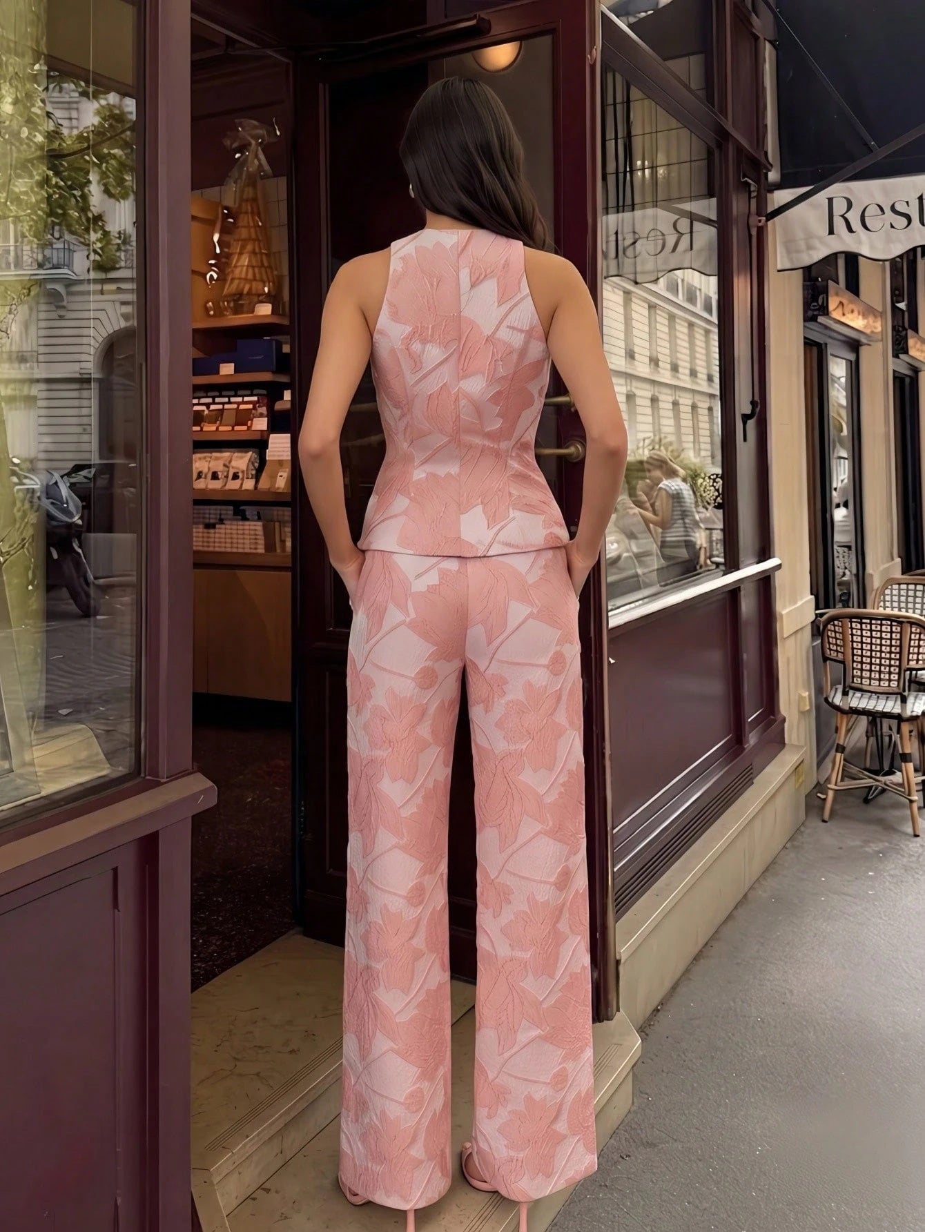 CM-SS161852 Women Elegant Seoul Style Embroidered Sleeveless Vest Jacket With Rhinestone Decor High Waist Drape Pants - Set