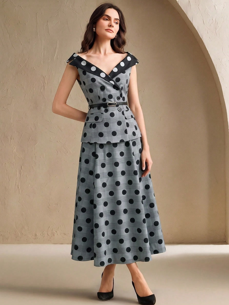 CM-SS819345 Women Elegant Seoul Style Contrast Color V-Neck Sleeveless Polka Dot Print Blouse With Long Skirt - Set