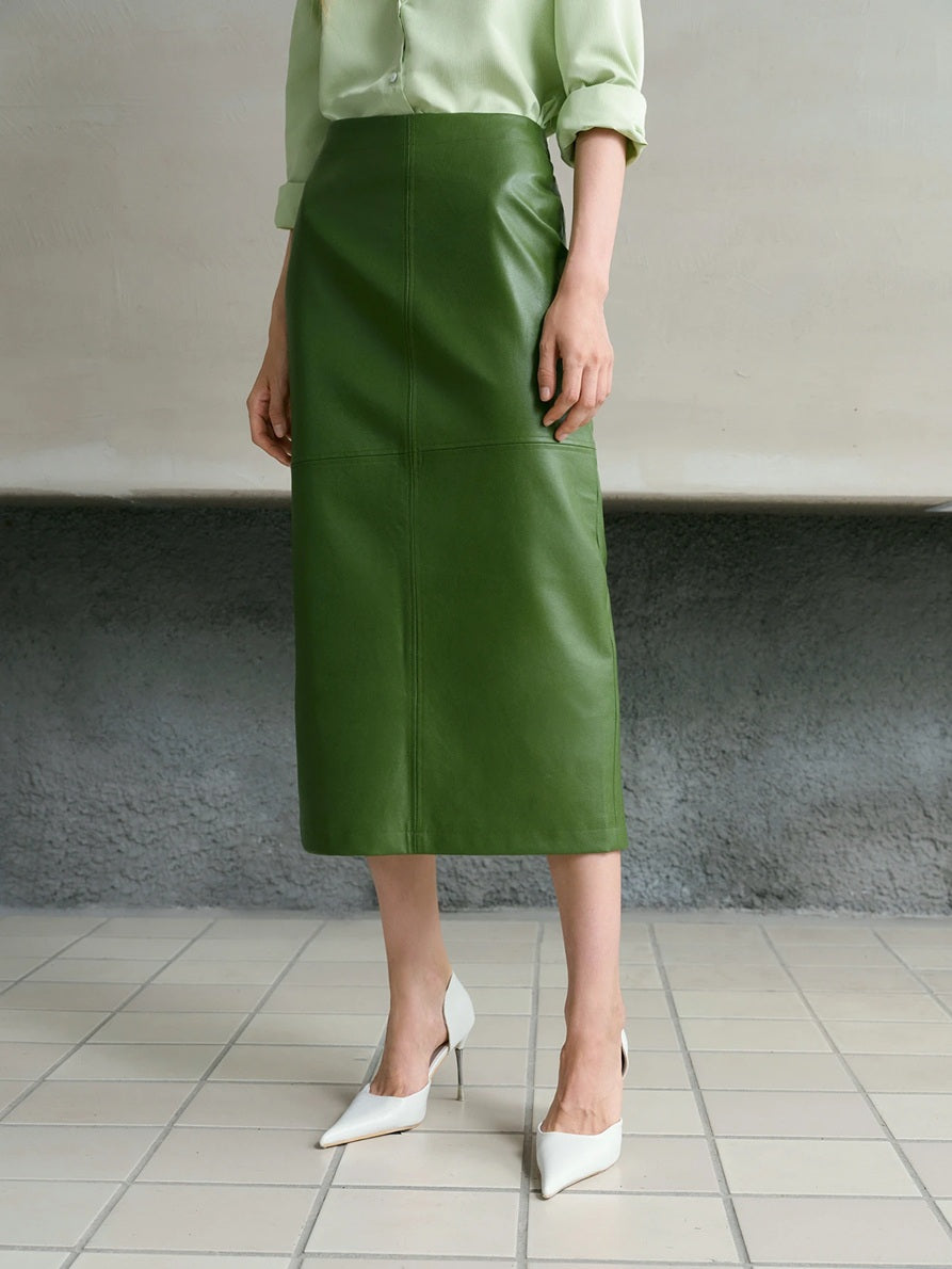 CM-BS339043 Women Elegant Seoul Style Mid Waist PU Leather Elastic Waist Split Hem Skirt - Green