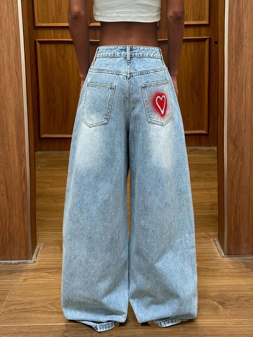 CM-BT125010 Women Casual Seoul Style Red Lip And Heart Print Loose Fit Wide-Leg Pants - Light Blue