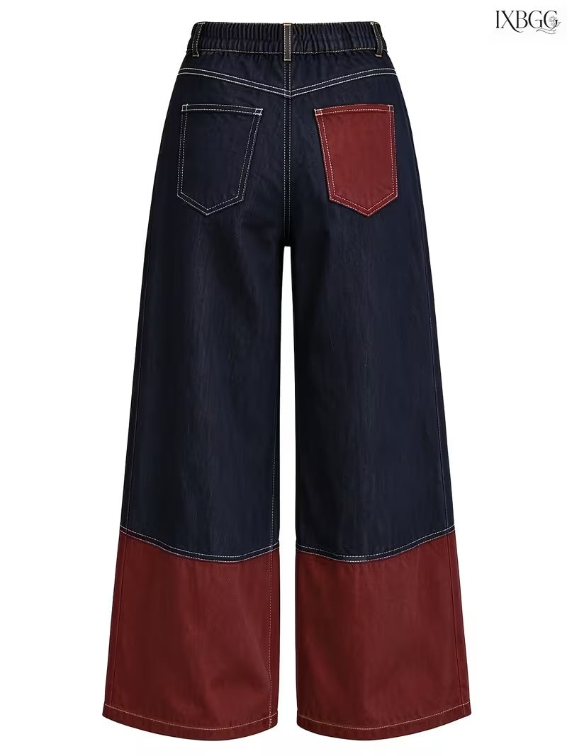 CM-BT832666 Women Casual Seoul Style Mid-Rise Blue Red Contrast Patchwork Straight Loose Wide Leg Jeans
