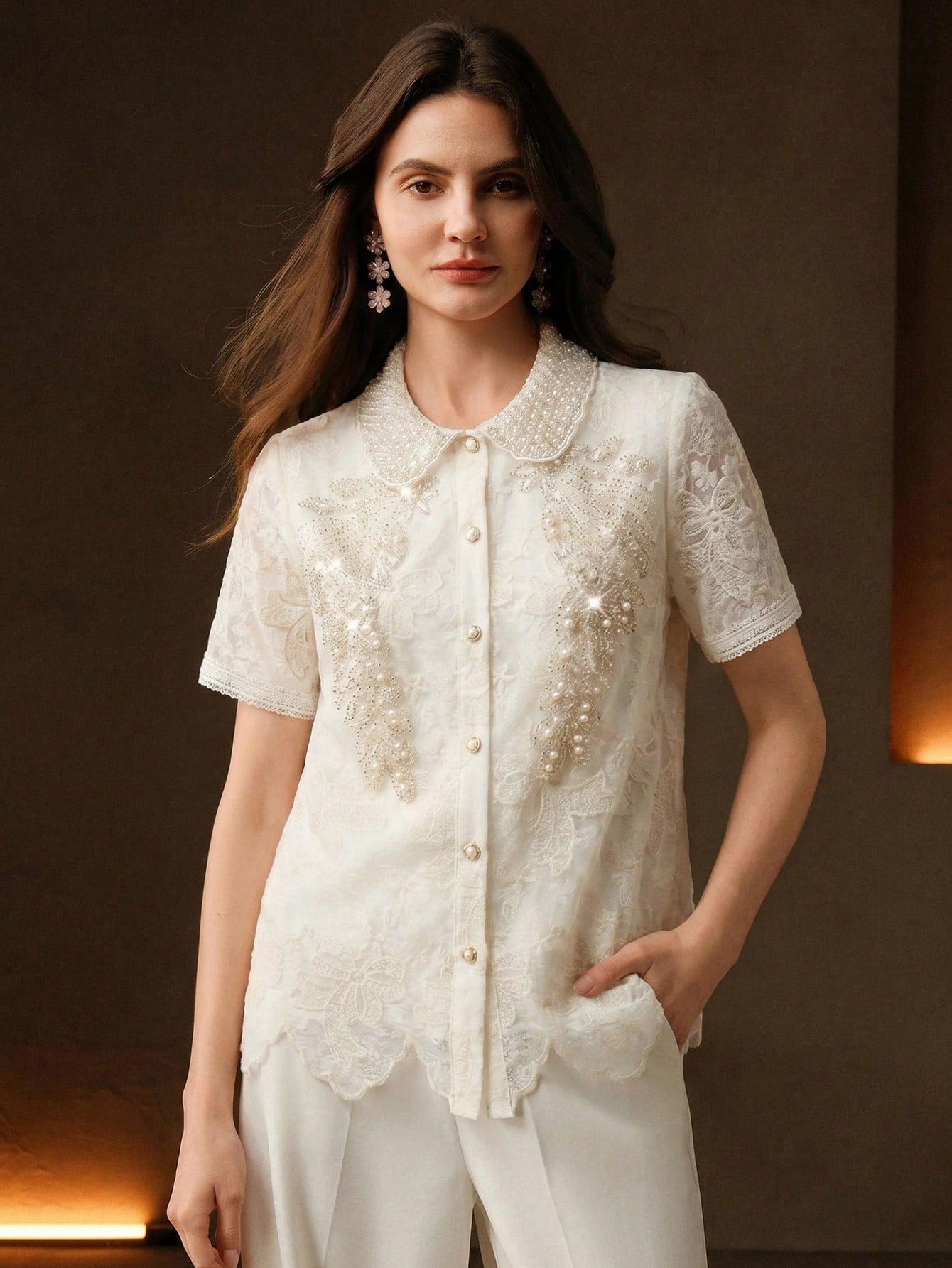CM-TS281479 Women Elegant Seoul Style Peter Pan Collar Short Sleeve Rhinestone Lace Blouse - Apricot