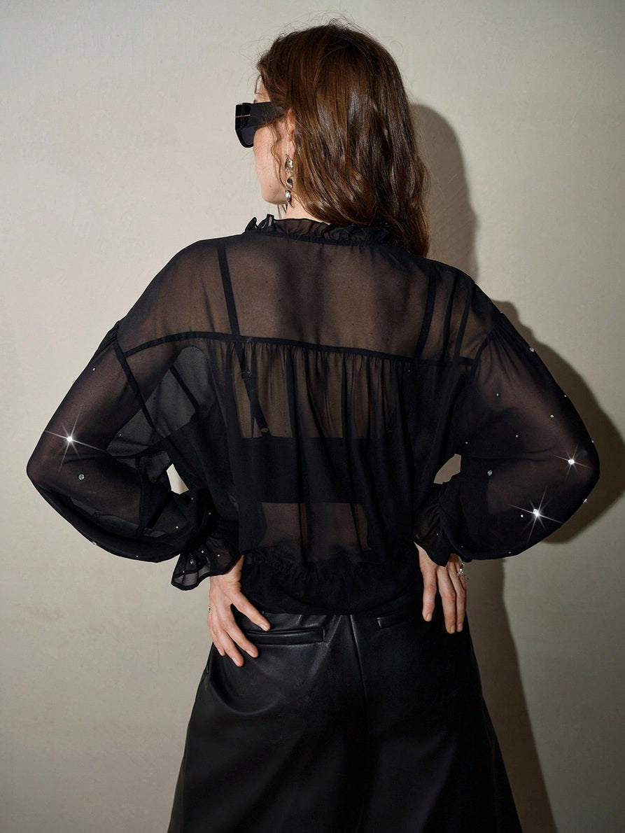 CM-TS731496 Women Elegant Seoul Style Front Tie Embellished Rhinestone Hand Sewn Metal Decor Ruffle Hem Sheer Blouse