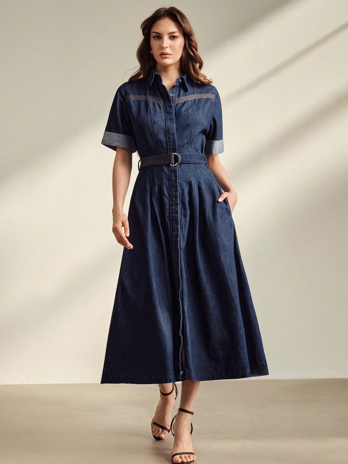 CM-DS464235 Women Elegant Seoul Style Collar Neckline Roll Up Sleeve High Waist Fitted Denim Dress - Blue