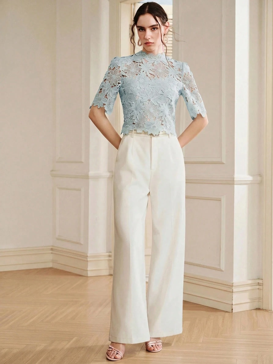 CM-TS859130 Women Elegant Seoul Style Collar Lace Cropped Floral Hollow Out Puff Sleeve Top - Dusty Blue
