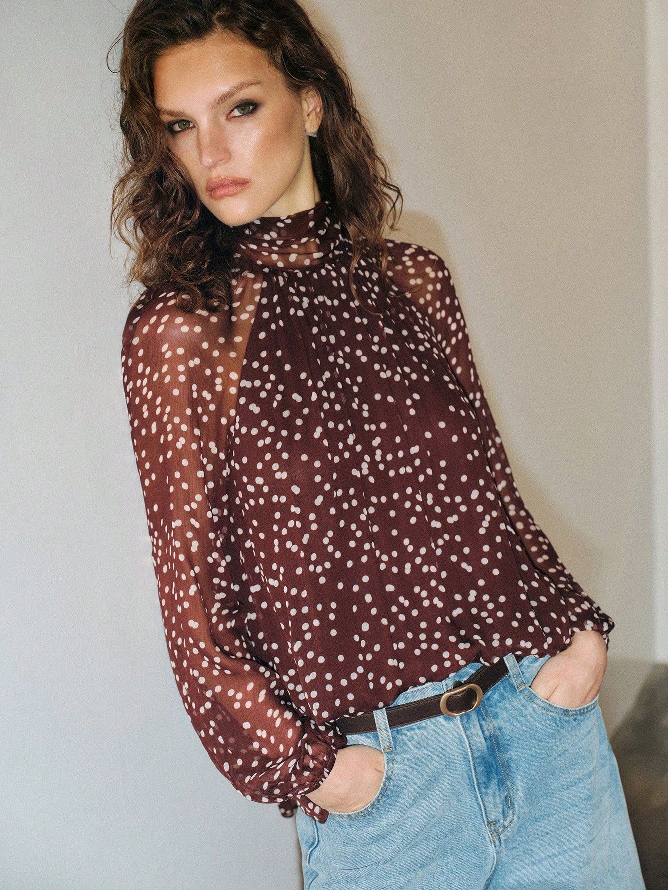 CM-TS223440 Women Elegant Seoul Style Bow Tie Long Sleeve Polka Dot Chiffon Loose Fit Blouse - Coffee Brown