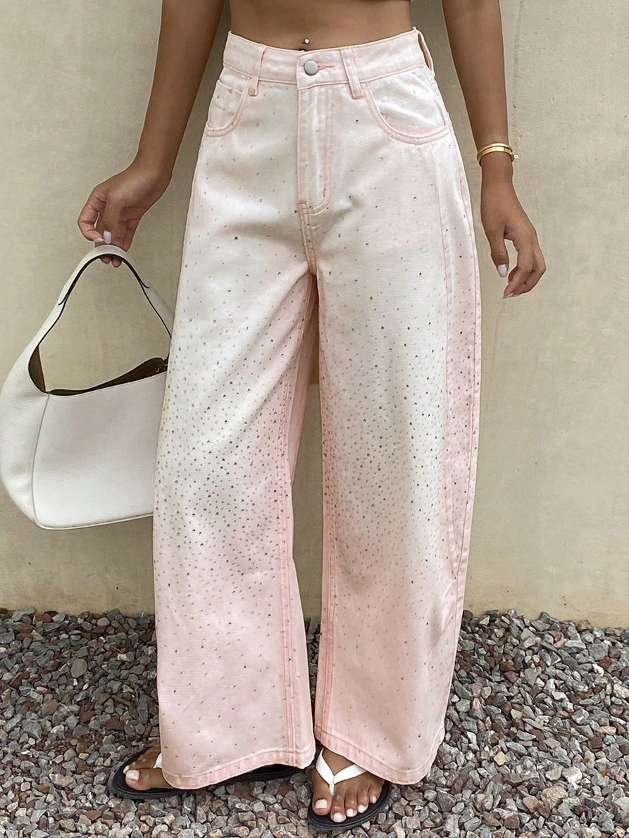 CM-BS344032 Women Casual Seoul Style Rhinestone Curved Leg Loose Long Denim Pants - Pink