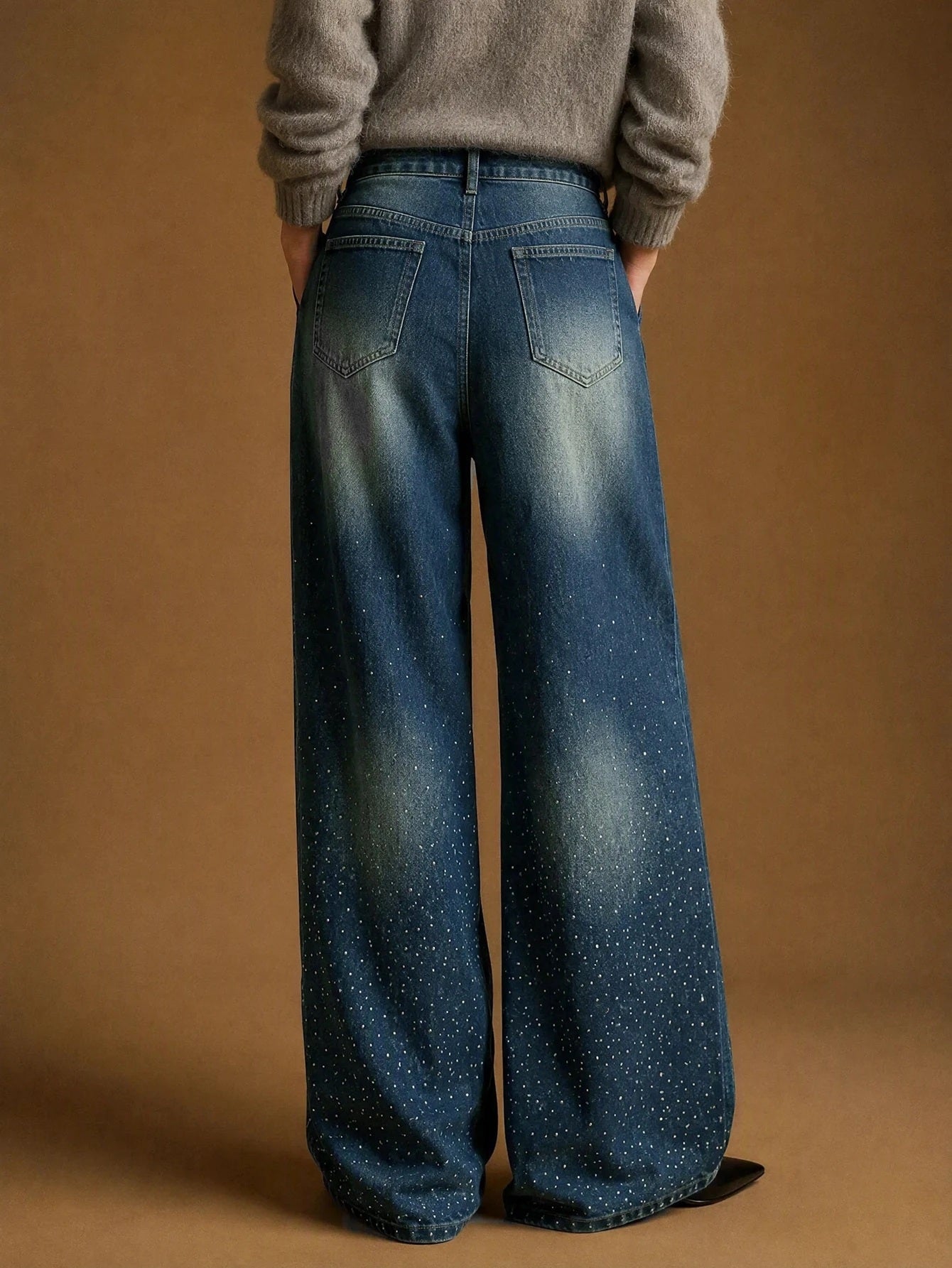 CM-BS350227 Women Elegant Seoul Style Mid Waist Rhinestone Sequin Straight Leg Long Denim Pants - Blue