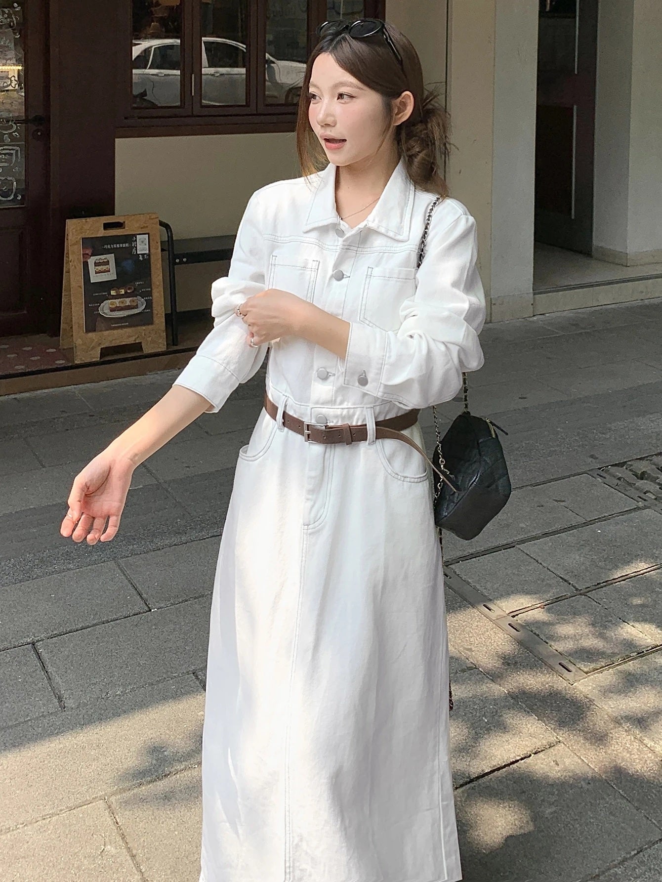 CM-DS982217 Women Casual Seoul Style Collar Neckline Long Sleeve Button Half-Placket Denim Dress - White