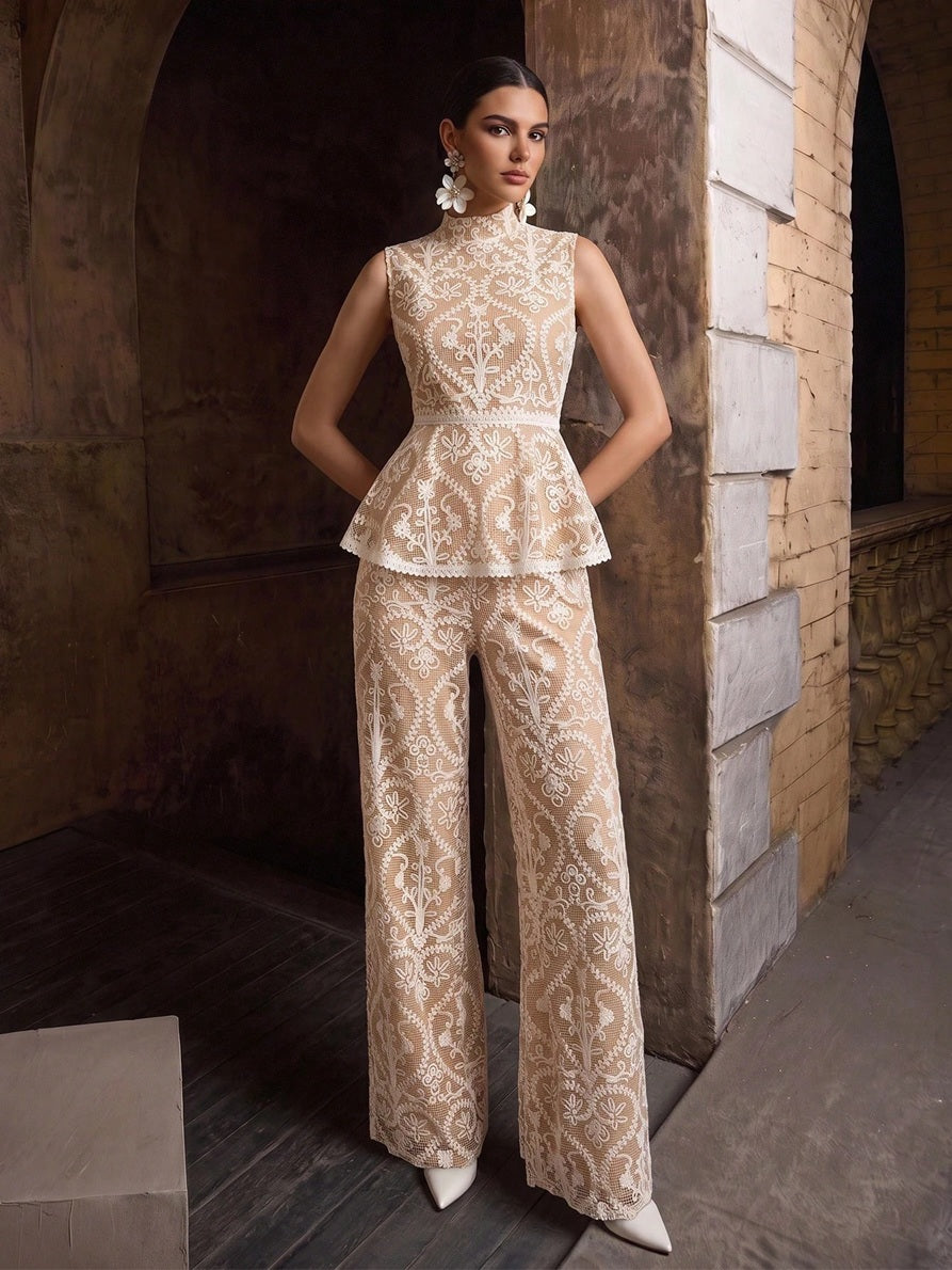 CM-SS686355 Women Elegant Seoul Style Stand Collar Sleeveless Contrast Color Embroidered Top With Straight Leg Pants - Set