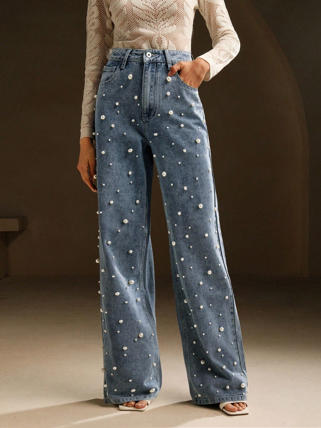 CM-BS767711 Women Elegant Seoul Style High Waist Beaded Loose Wide Leg Shiny Denim Pants - Blue