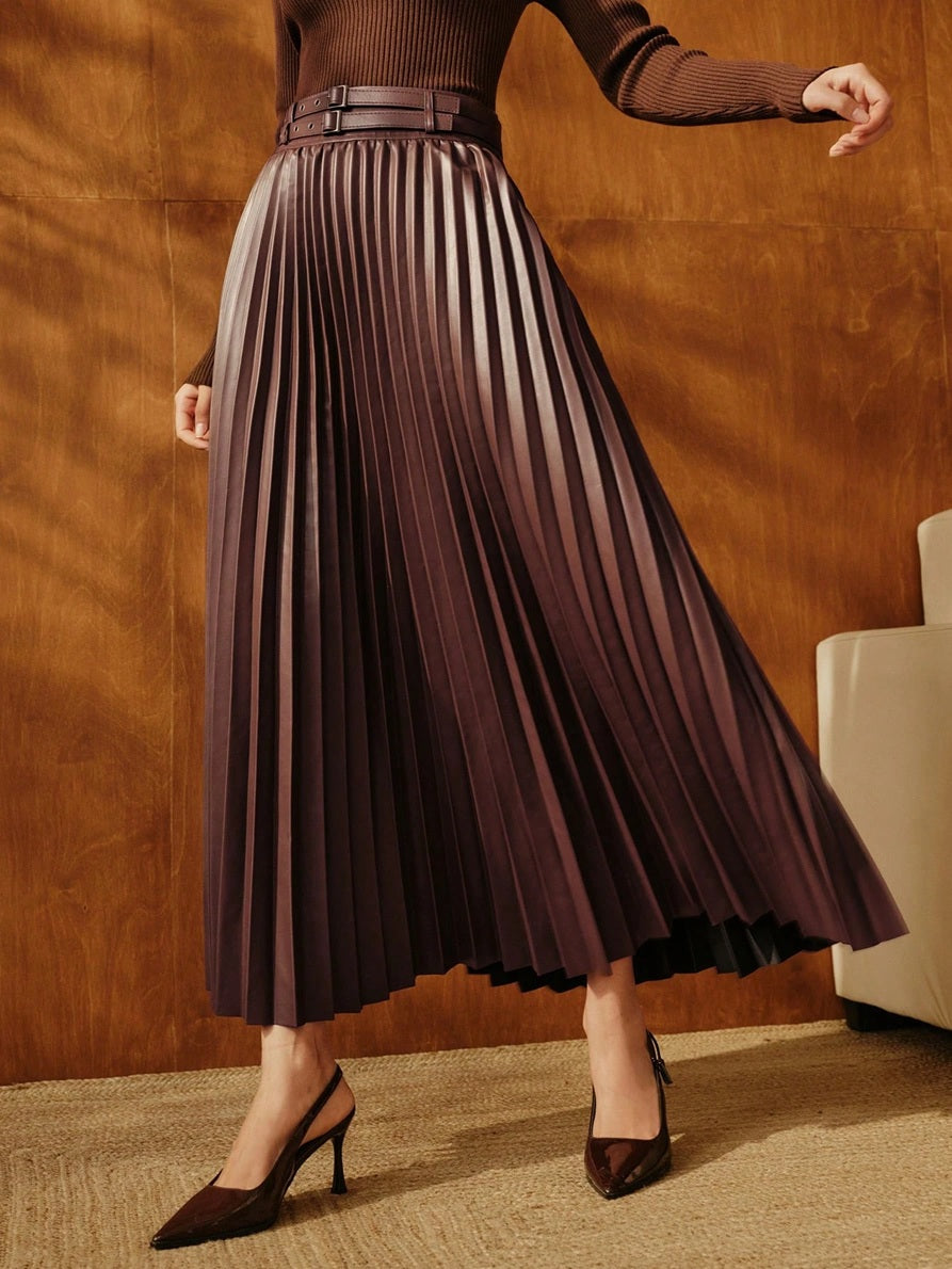 CM-BS595392 Women Elegant Seoul Style High Waist Pleated Belted Mid-Length A-Line Skirt - Coffee Brown